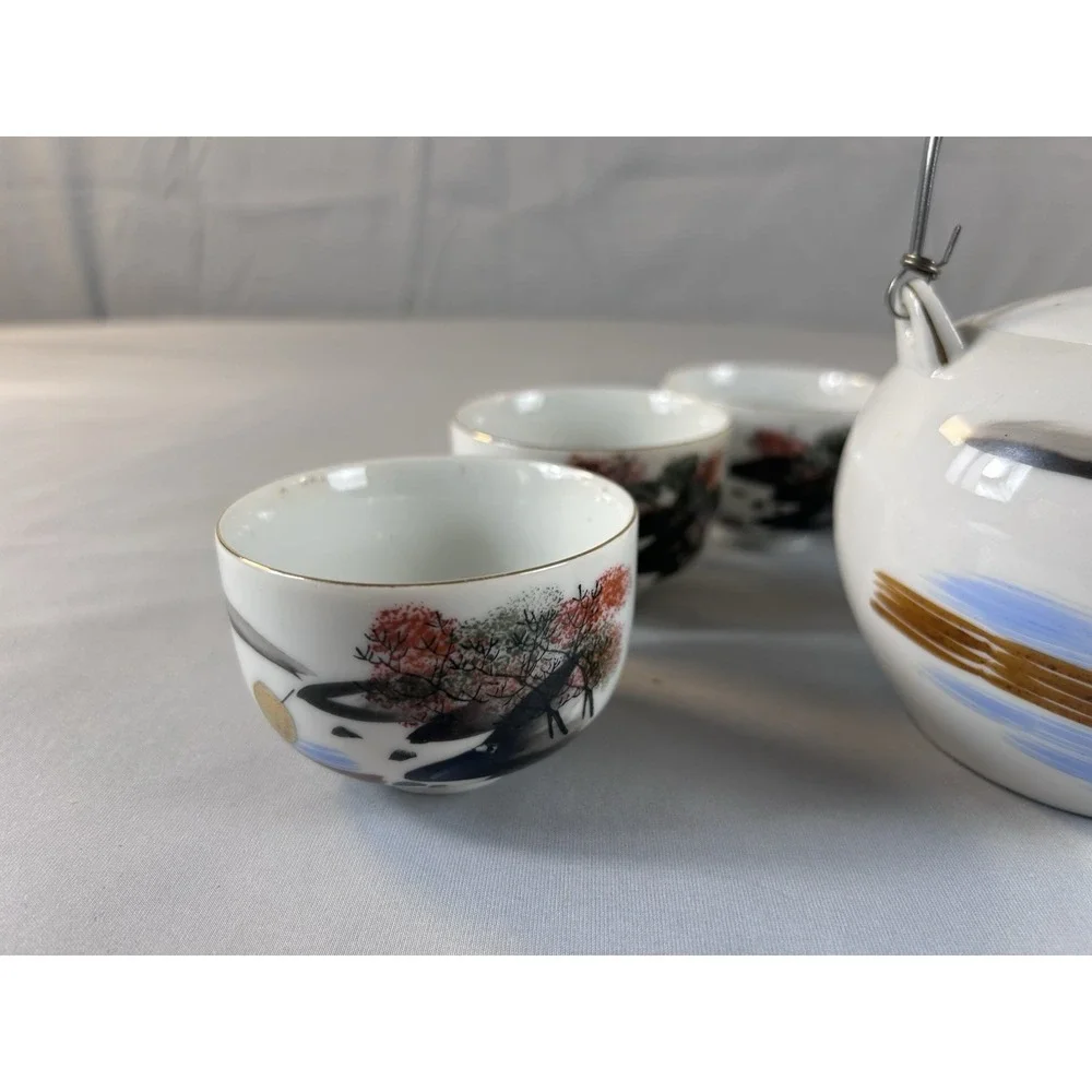 Vintage Japanese Tea Set Teapot & 6 Cups Hand Painted‎ Bamboo Handl